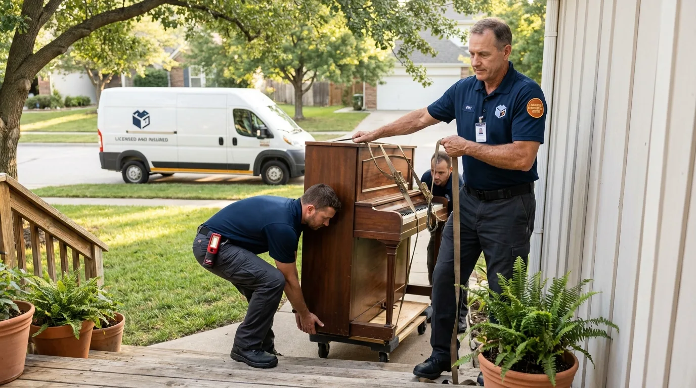 Licensed piano movers securing grand piano in Newton, NJ
