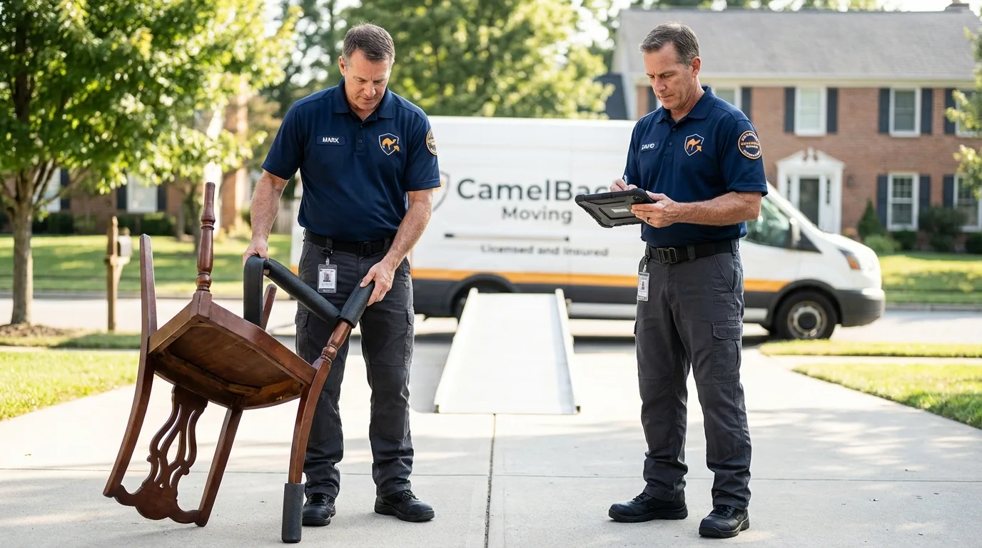 Movers inspecting furniture for damage prevention before loading in Newton, NJ