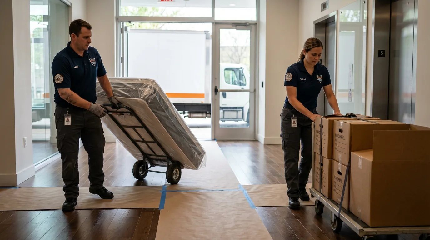 Professional apartment movers loading elevator in Newton, NJ
