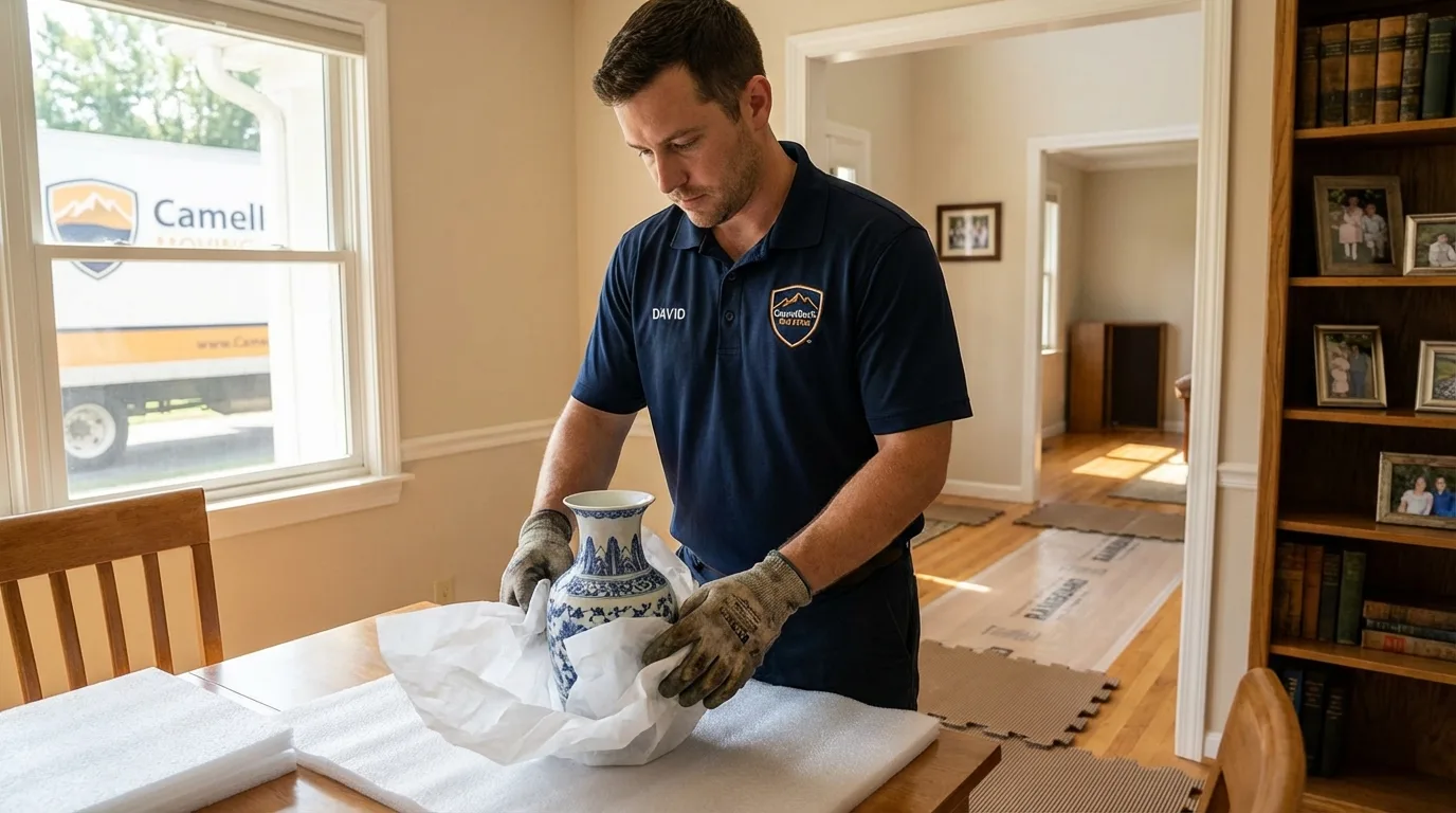 Professional crew carefully wrapping antique vase for senior downsizing move in Newton, NJ